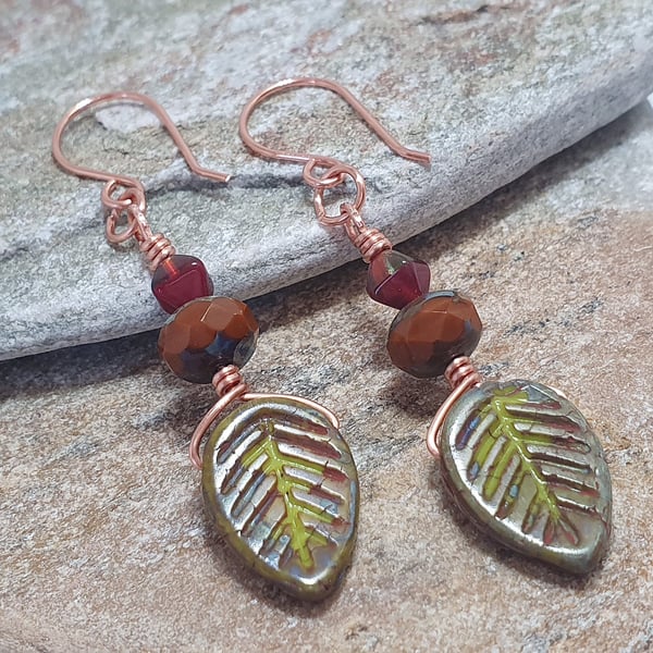 Rustic autumnal dogwood leaf bead earrings in brown red and olive