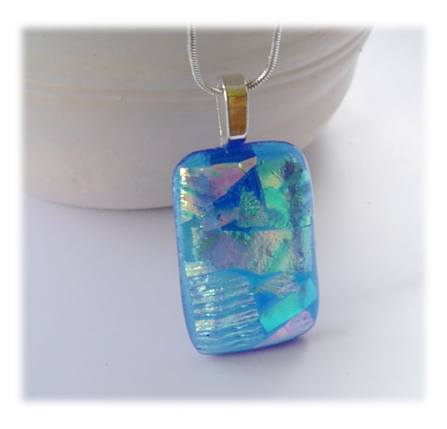 Turquoise Dichroic Glass Pendant 158 Clear Patchwork with silver plated chain
