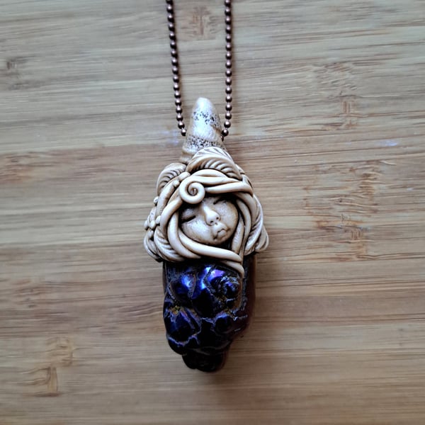 Titanium Aura Botryoidal Agate Crystal and Polymer Clay Goddess Amulet Pendant 