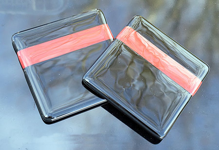 A Pair of Fused Glass Coasters - Black & Red