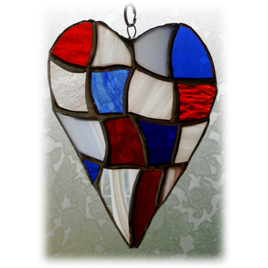 Reserved for Jan Patchwork Heart Suncatcher Stained Glass Red white blue