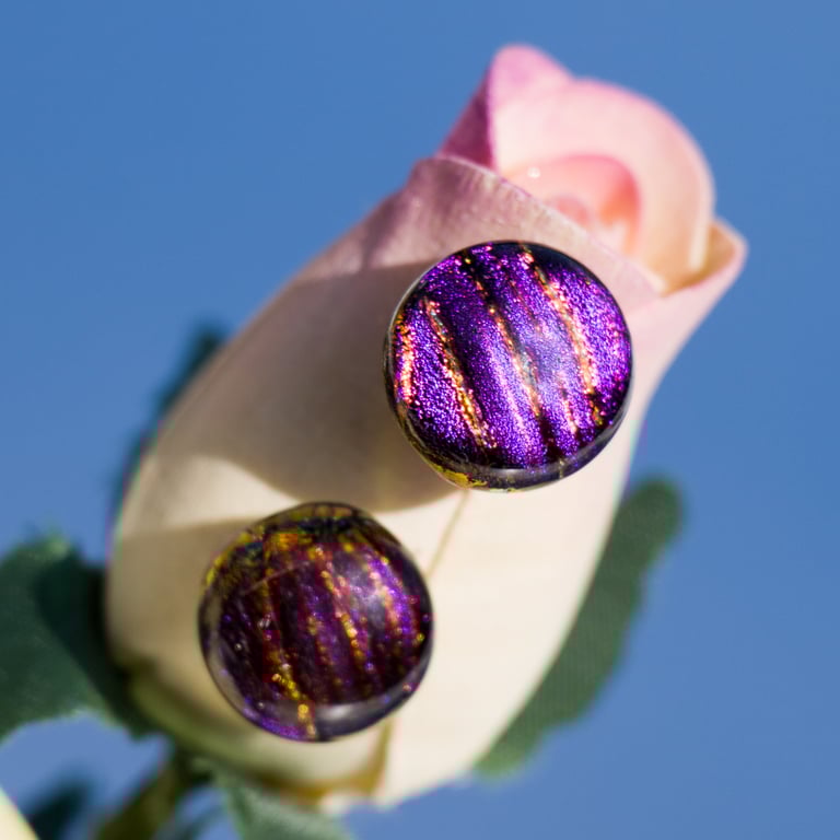 Purple and Gold Dichroic Glass Earrings on Silver Studs - 2511