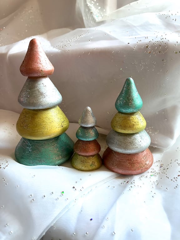 3 hand painted sparkly wooden Christmas trees
