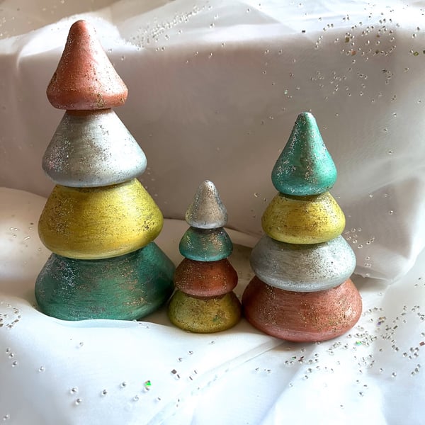 3 hand painted sparkly wooden Christmas trees