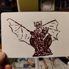 Original handcrafted Lino Print of a gargoyle perched and ready to fly.