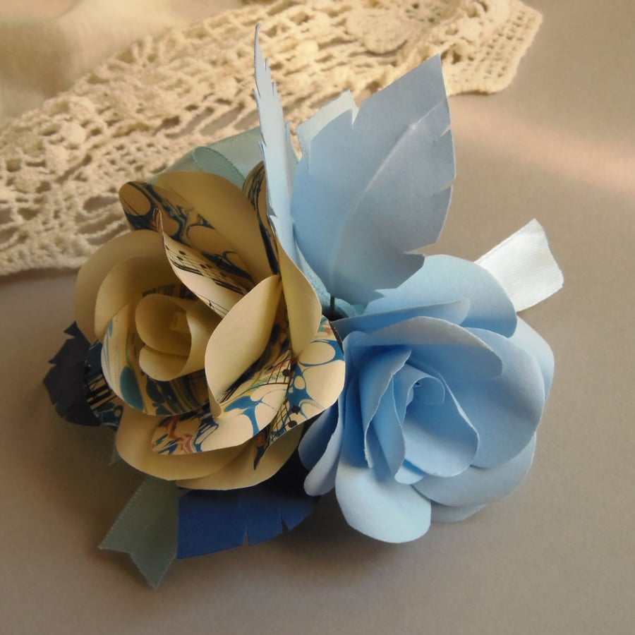 Marbled Pastel Blue, Navy and Ivory Corsage Buttonhole Arrangement