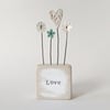 Clay Heart and Button Flowers in a Painted Wood Block 'Love'