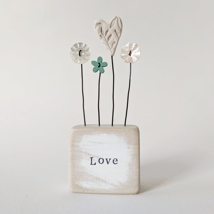 Clay Heart and Button Flowers in a Painted Wood Block 'Love'