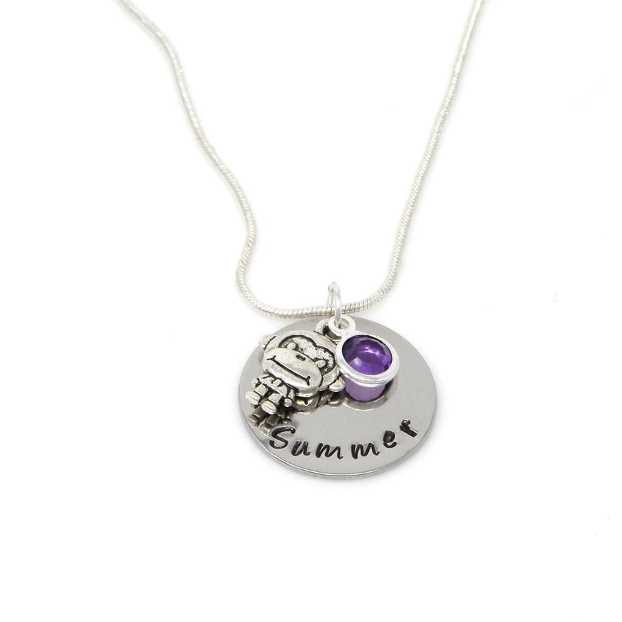 Personalised Monkey Necklace with Birthstone Charm - Gift Boxed - Free Delivery