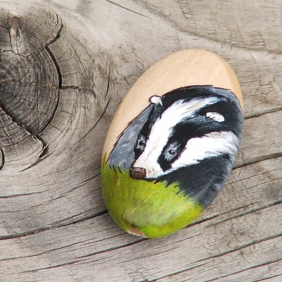 Hand painted wooden focal bead - Badger, 35 x 20mm