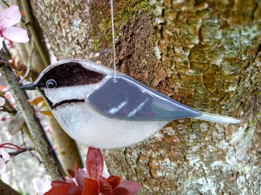 Fused glass coal tit