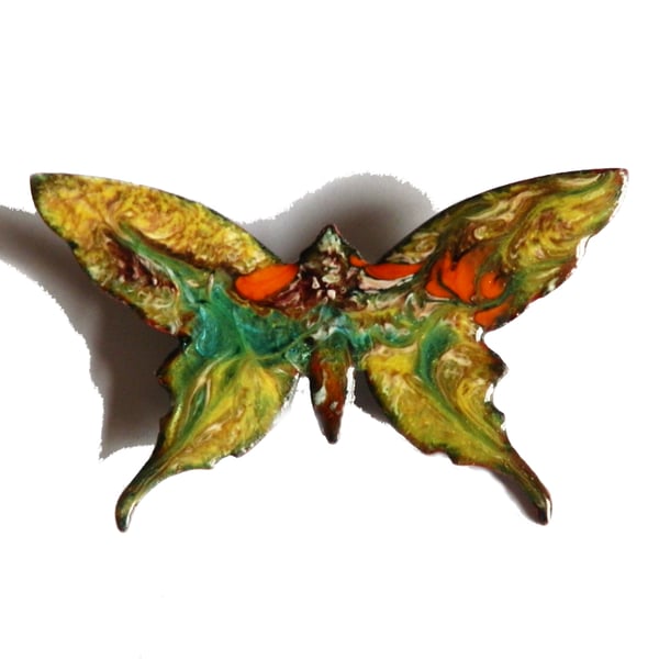 scrolled gold, green, red, brown butterfly brooch