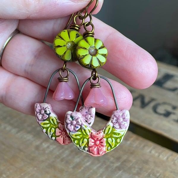 Artisan Ceramic Earrings. Pink & Green Flower Earrings. Bohemian Style Jewellery