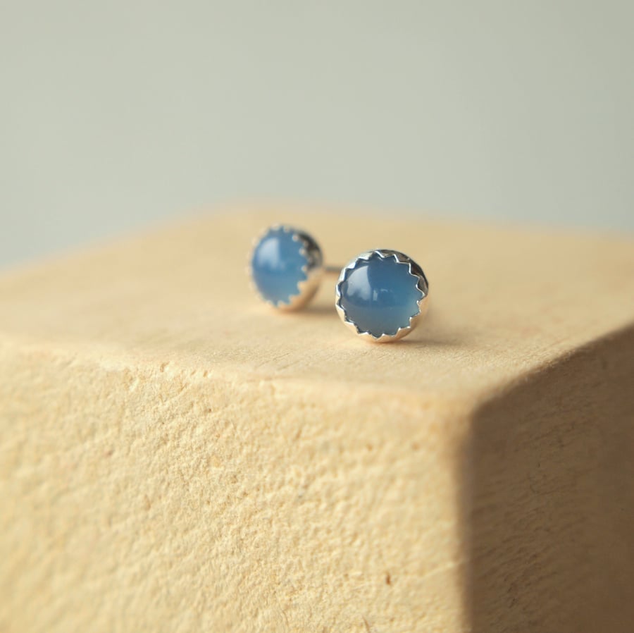 Blue Agate Stud Earrings in Sterling Silver