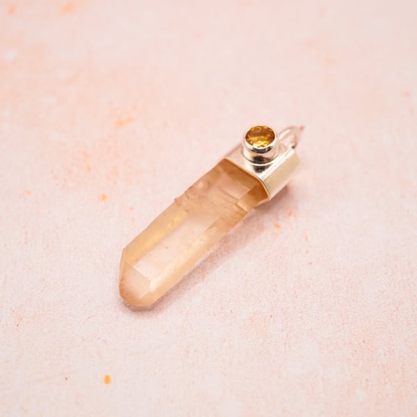 Golden Lemurian Quartz and Citrine Silver Pendant Handmade 