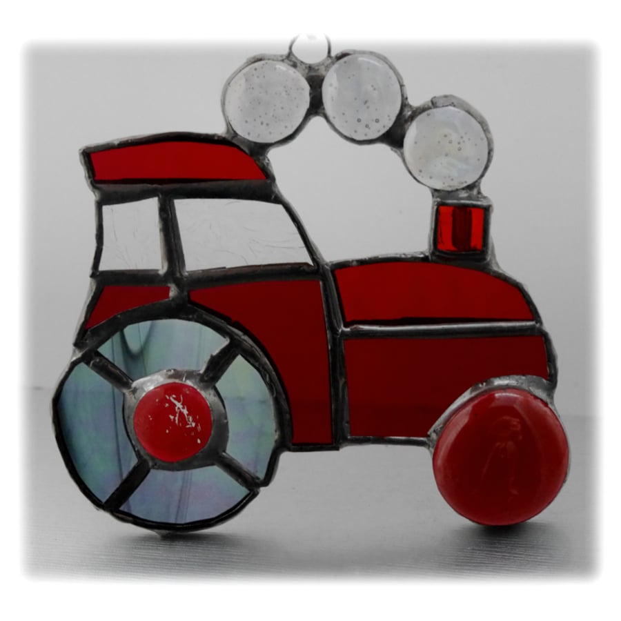 Tractor Suncatcher Stained Glass Red Handmade 038