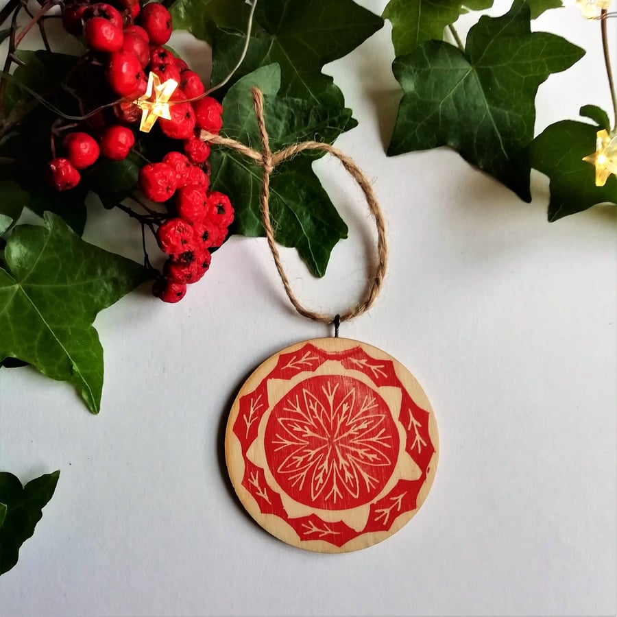 Handprinted Wooden Tree Decoration in Red