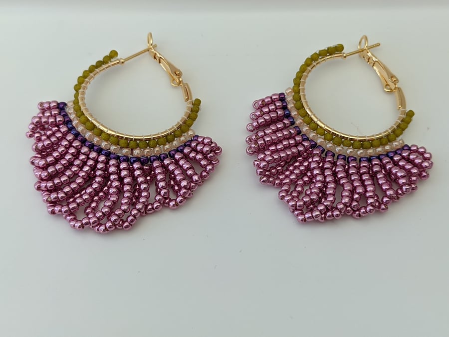 Hoop handmade pink beaded earrings 