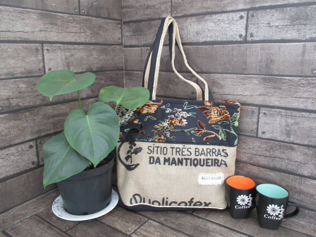 Eco Tote Bag - Handmade from Upcycled Materials - Black and bronze floral