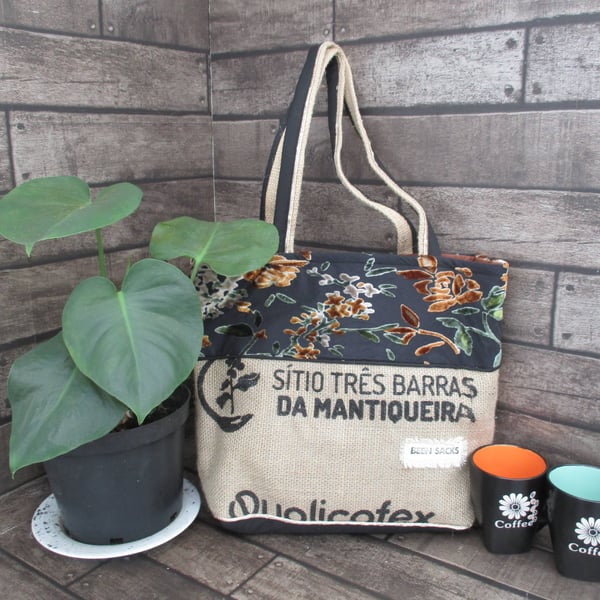 Eco Tote Bag - Handmade from Upcycled Materials - Black and bronze floral