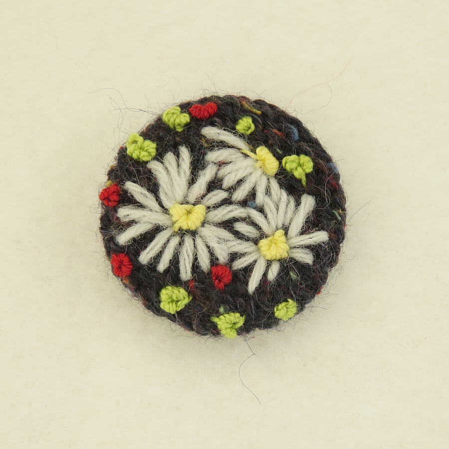 Daisy Brooch embroidered on knitted multi citrus background