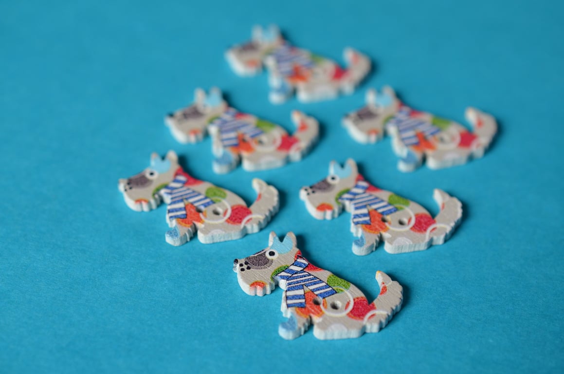 Wooden Dog Buttons Grey Multi Coloured Circles 6pk 30x20mm Puppy (DG19)