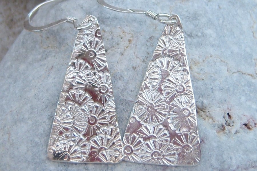 Sterling Silver triangle earrings with flower texture