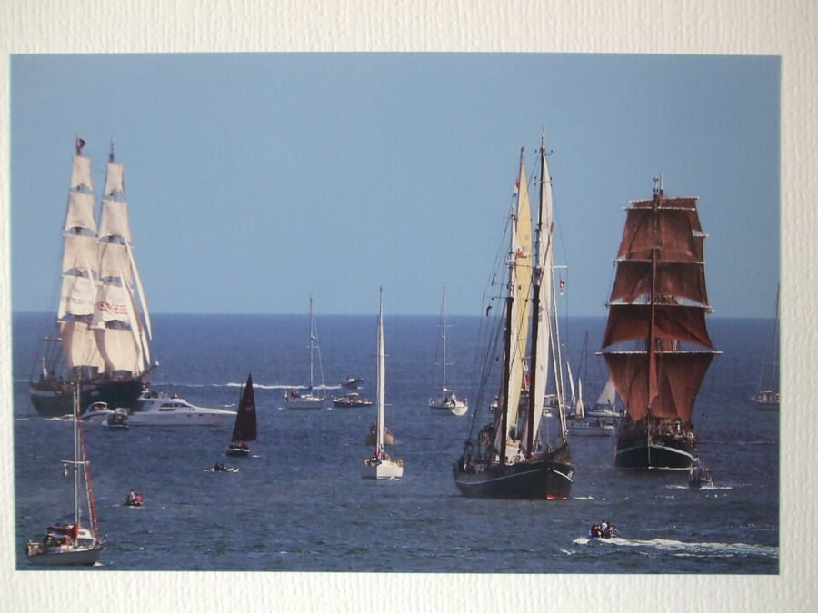Photographic greetings card of Tall Ships :- Mercedes, Iris, and Eye of the Wind