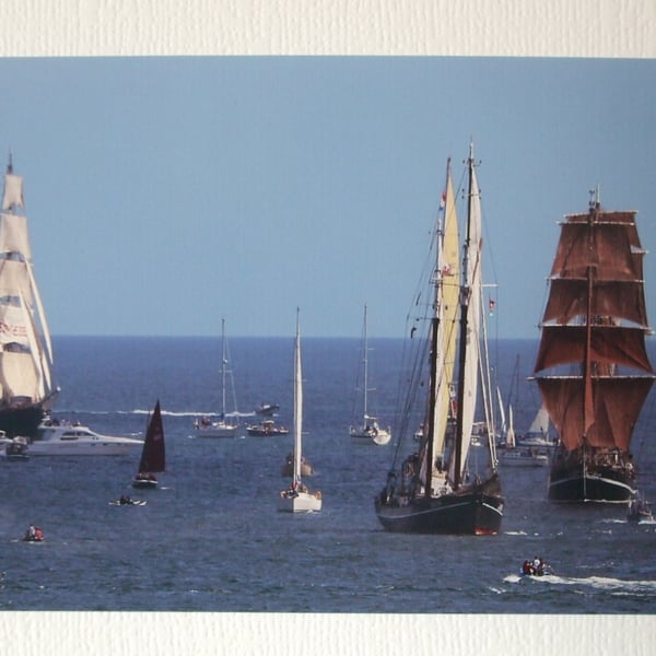 Photographic greetings card of Tall Ships :- Mercedes, Iris, and Eye of the Wind