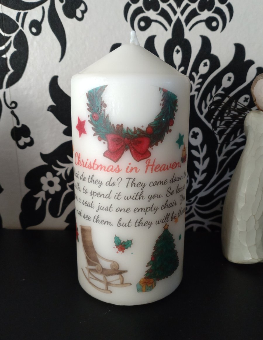 Christmas In Heaven Memorial Ivory Pillar Candle - Bereavement, In Memory.