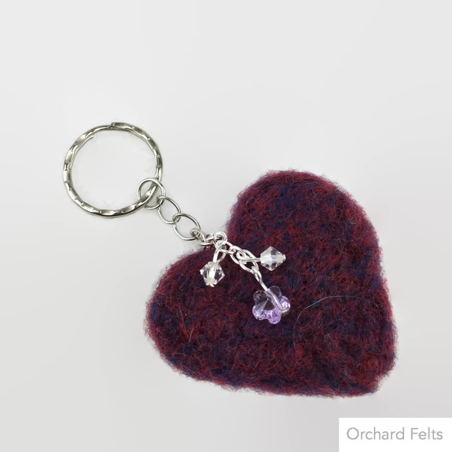 Needle felted heart keyring with Swarovski element embellishment