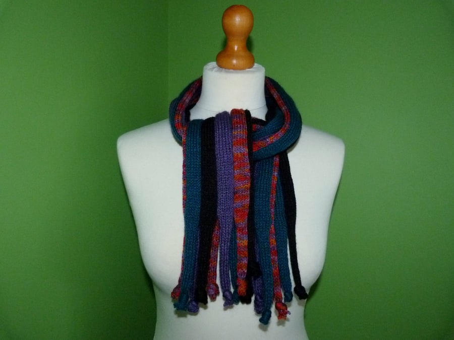 Multicoloured Knit Short Scarf with Knotted Ends