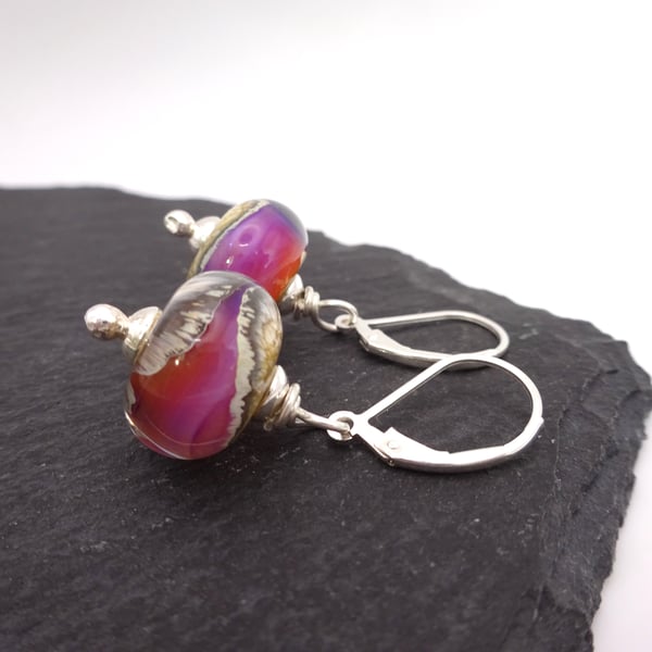 purple wrapped lampwork glass lever back earrings