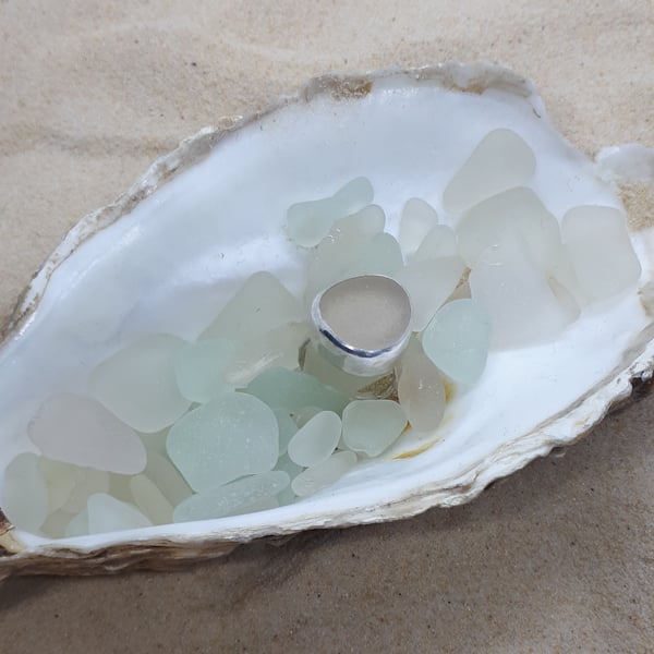 Beige grey sea glass ring - Seconds Sunday 