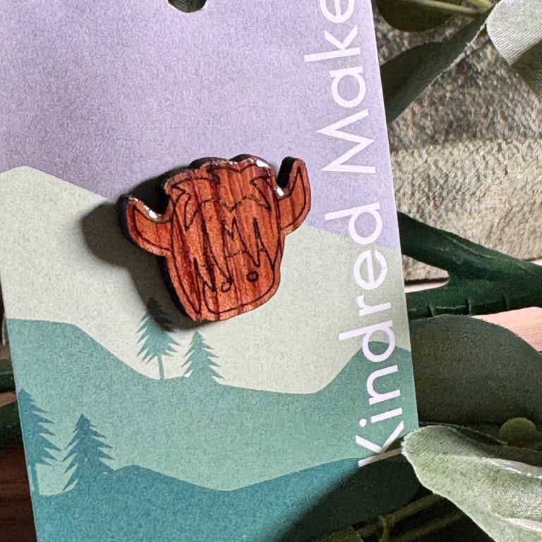 Highland Cow Wooden Pin Badge