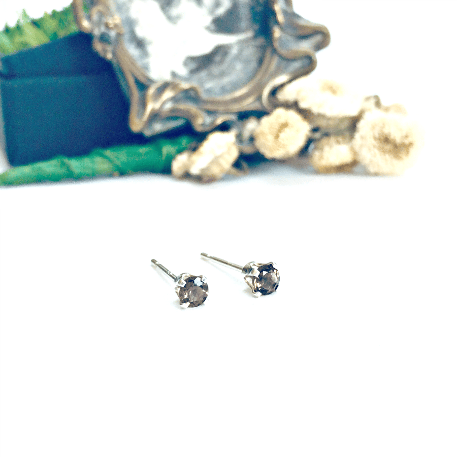 Smokey Quartz earrings - small studs - faceted gemstone studs - grey studs