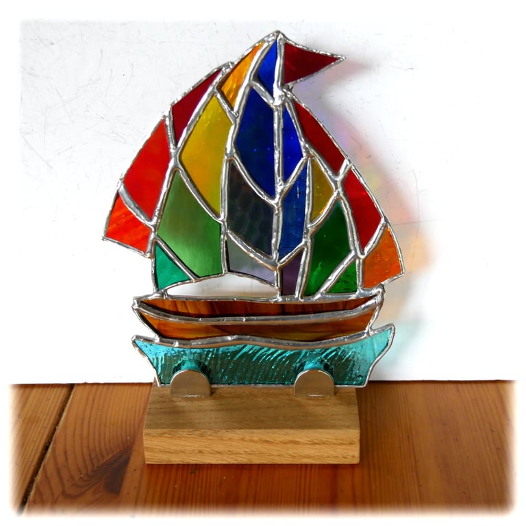 Stained Glass Sailboat On Wooden Stand Rainbow Yacht  Handmade gift 