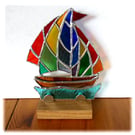 Stained Glass Sailboat On Wooden Stand Rainbow Yacht  Handmade gift 