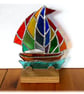 Stained Glass Sailboat On Wooden Stand Rainbow Yacht  Handmade gift 
