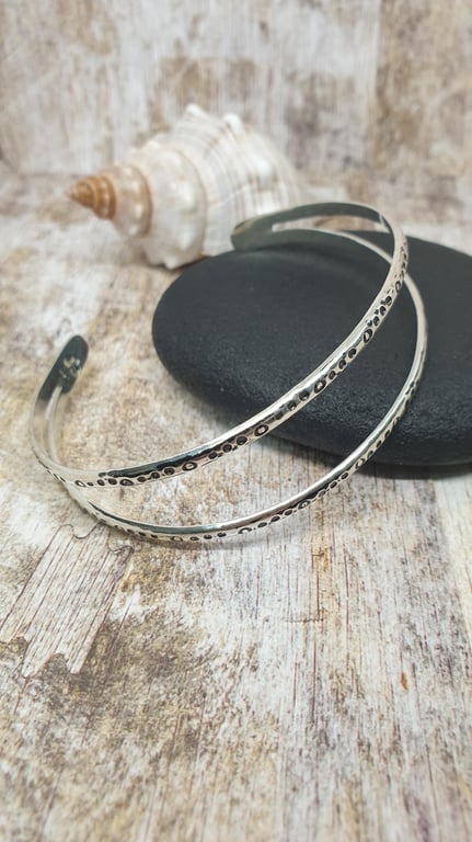 Double Curved Mini Circle Pattern Bangles Sterling Silver 925 Handmade