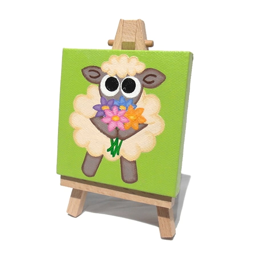 Sheep With Flowers Mini Canvas Art with Easel - cute thank ewe gift