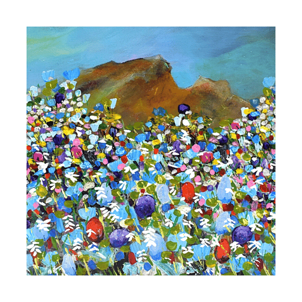 Framed landscape painting - mountain - Skye, Scotland -  wildflowers