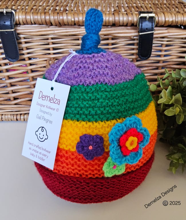 Designer Girl's Hand Knitted Rainbow Flower Hat 1-2 Years Size