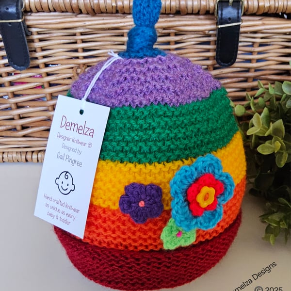 Designer Girl's Hand Knitted Rainbow Flower Hat 1-2 Years Size