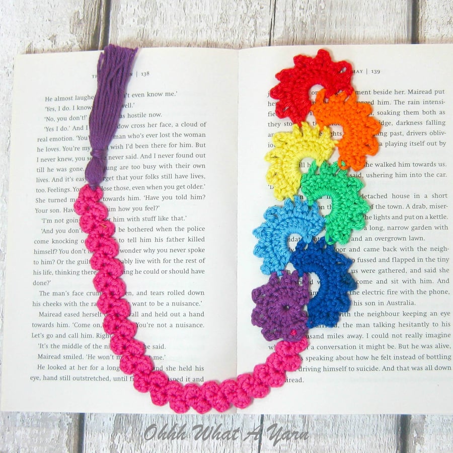 Crochet rainbows bookmark, rainbow bookmark, page keeper, page finder.