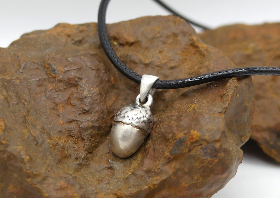 Recycled Sterling Silver Real Acorn Mould Pendant Waxed Cotton Cord Necklace.