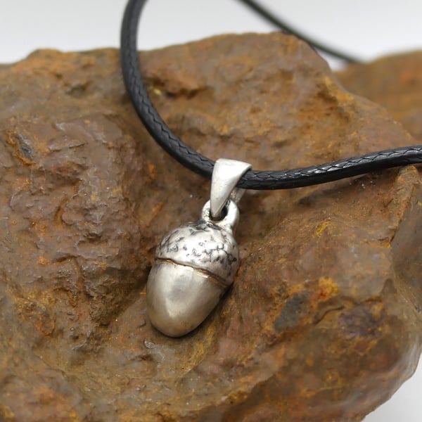 Recycled Sterling Silver Real Acorn Mould Pendant Waxed Cotton Cord Necklace.