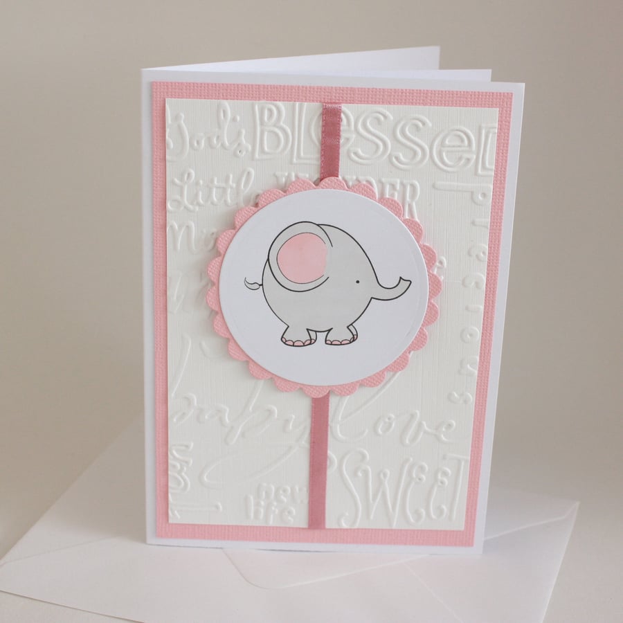 Pink elephant new baby card