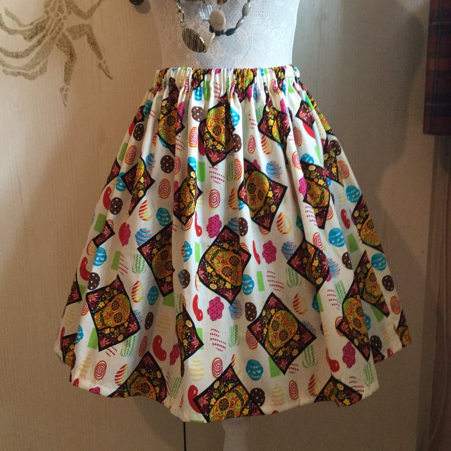 Retro 50's Candy Sugar Skull  Rockabilly Full Flared Skirt Size 14 16