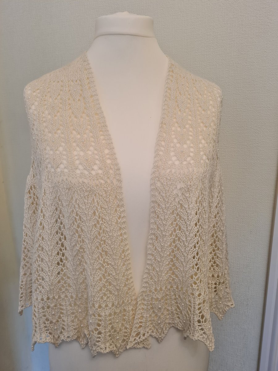 Luxurious handknitted lace shawl with hearts and Ivory Pearl glass beads
